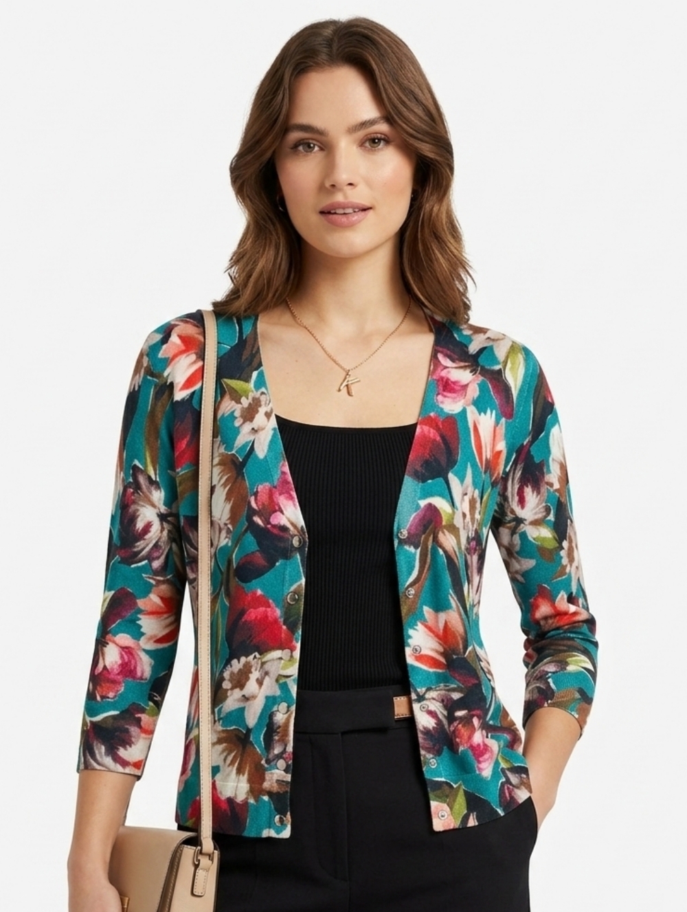 Karen Millen Floral Cardigan Teal Pink Tulip Print Snap Button Sweater L